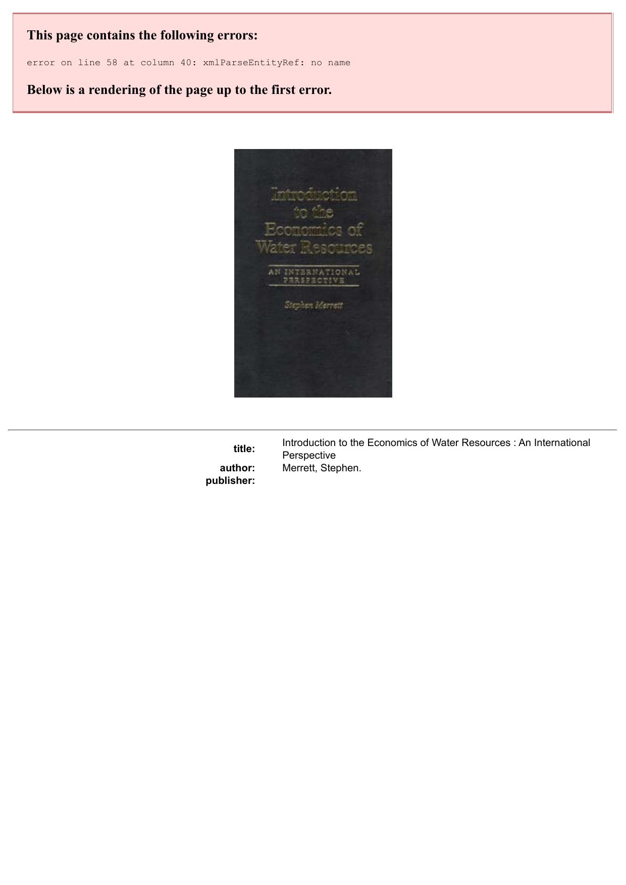 Introduction to the Economics of Water Resources : An International Perspective