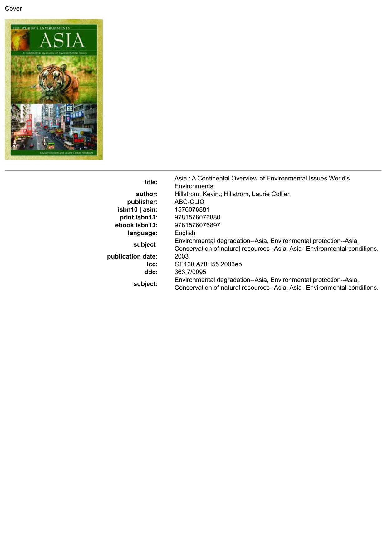 Asia : A Continental Overview of Environmental Issues World's Environments