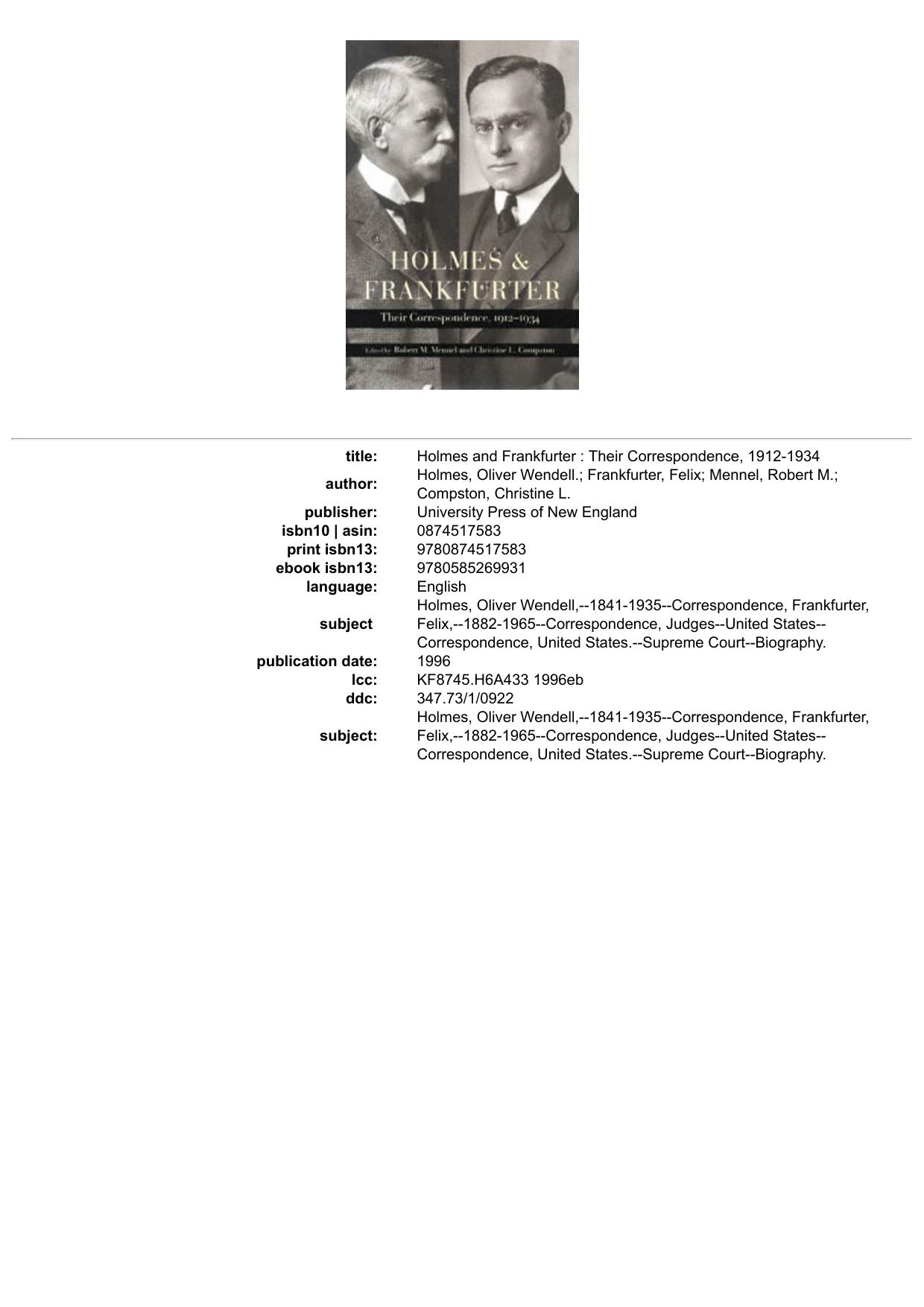 Holmes and Frankfurter : Their Correspondence, 1912-1934