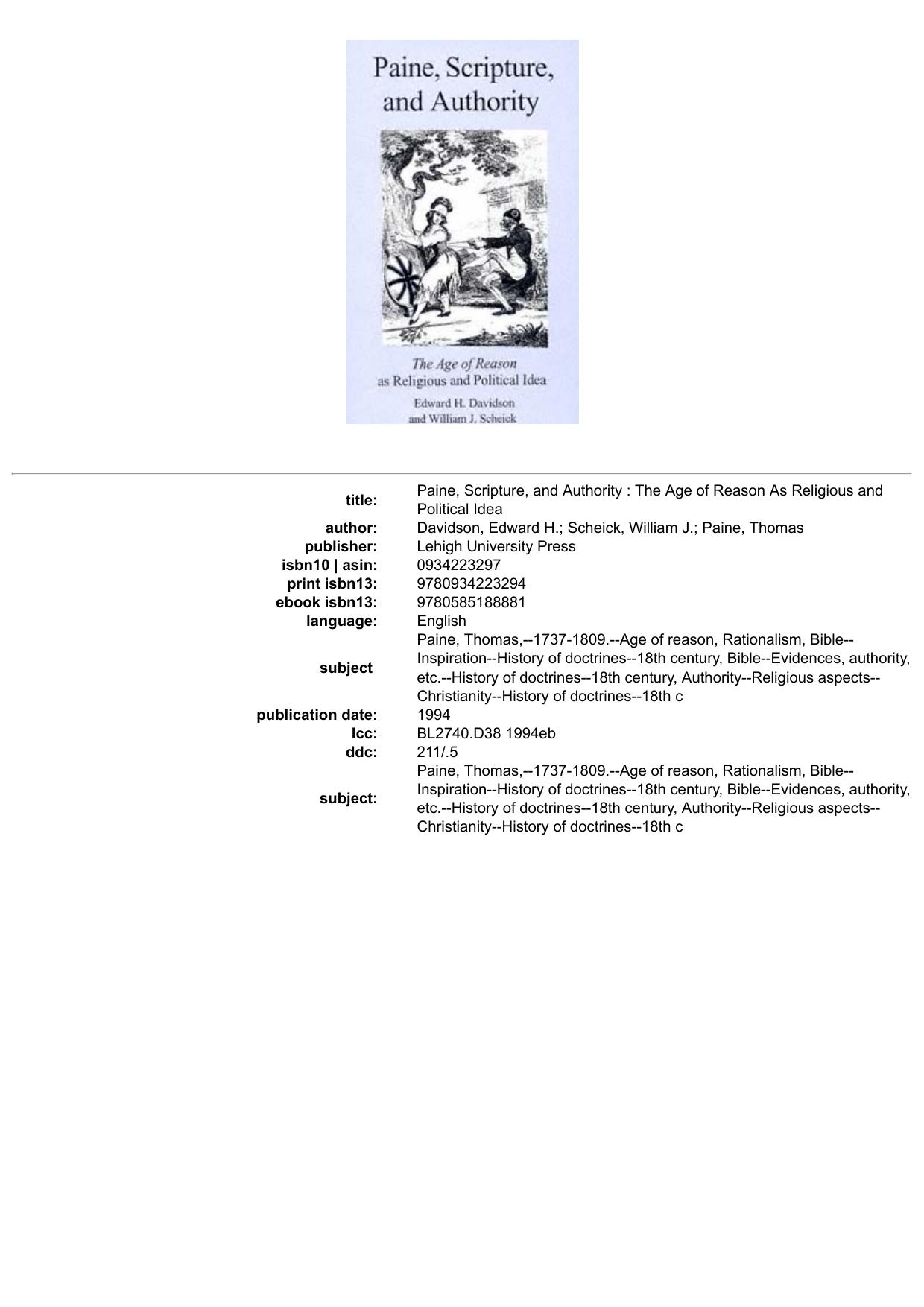 Paine, Scripture, and Authority : The Age of Reason As Religious and Political Idea