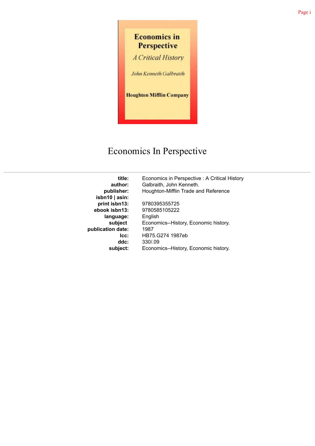 Economics in Perspective : A Critical History