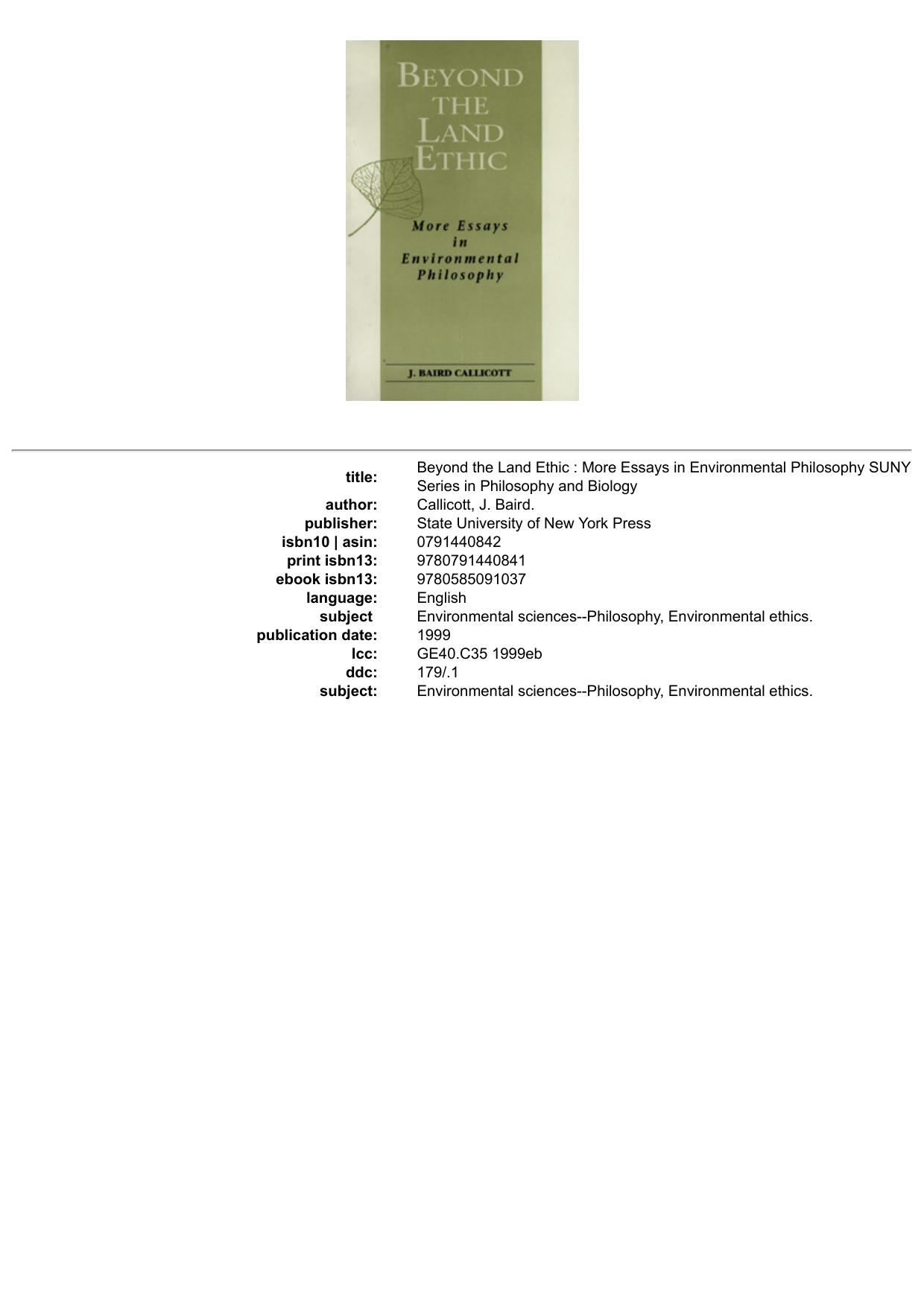 Beyond the Land Ethic : More Essays in Environmental Philosophy